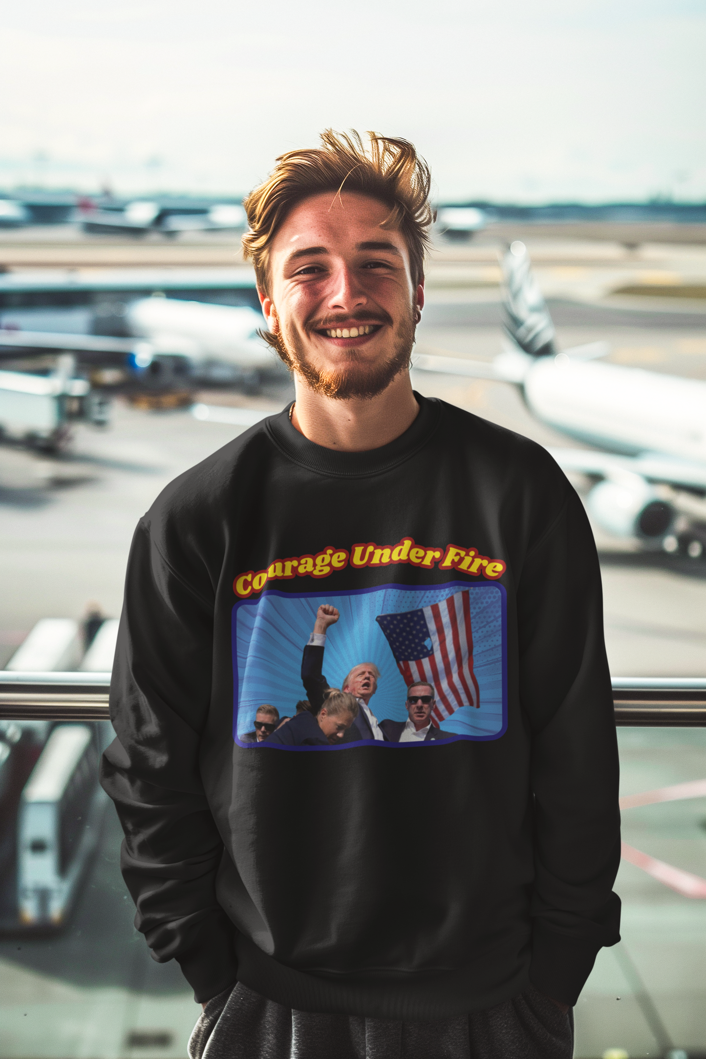 COURAGE UNDER FIRE Trump Assassination Heavy Weight Patriotic Sweatshirt (S-5XL): Men's Gildan 18000 - FREE SHIPPING