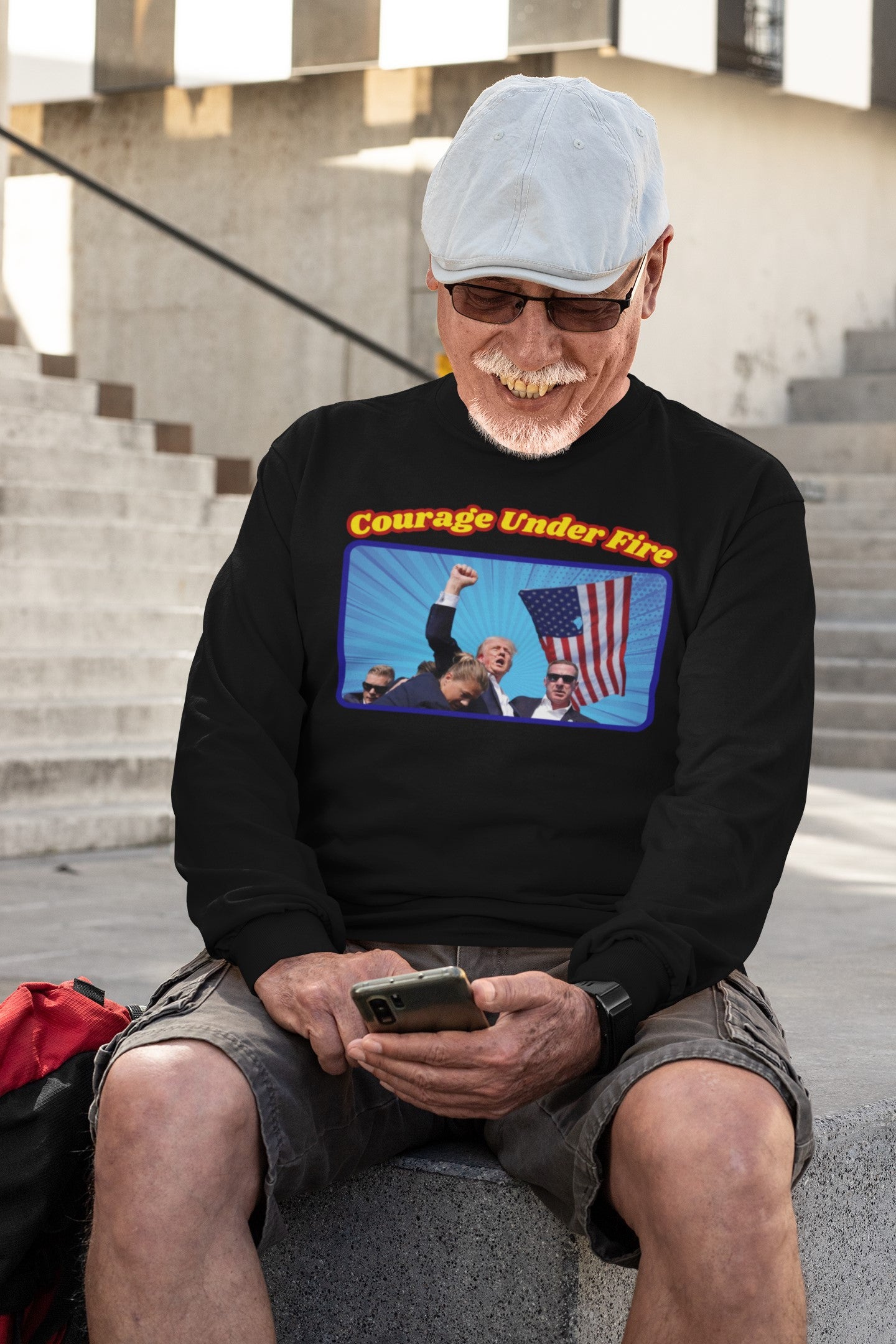 . COURAGE UNDER FIRE Trump Assassination Attempt Heavy Weight Patriotic Long Sleeve T-Shirt (S-2XL): Men's Gildan 2400 - FREE SHIPPING