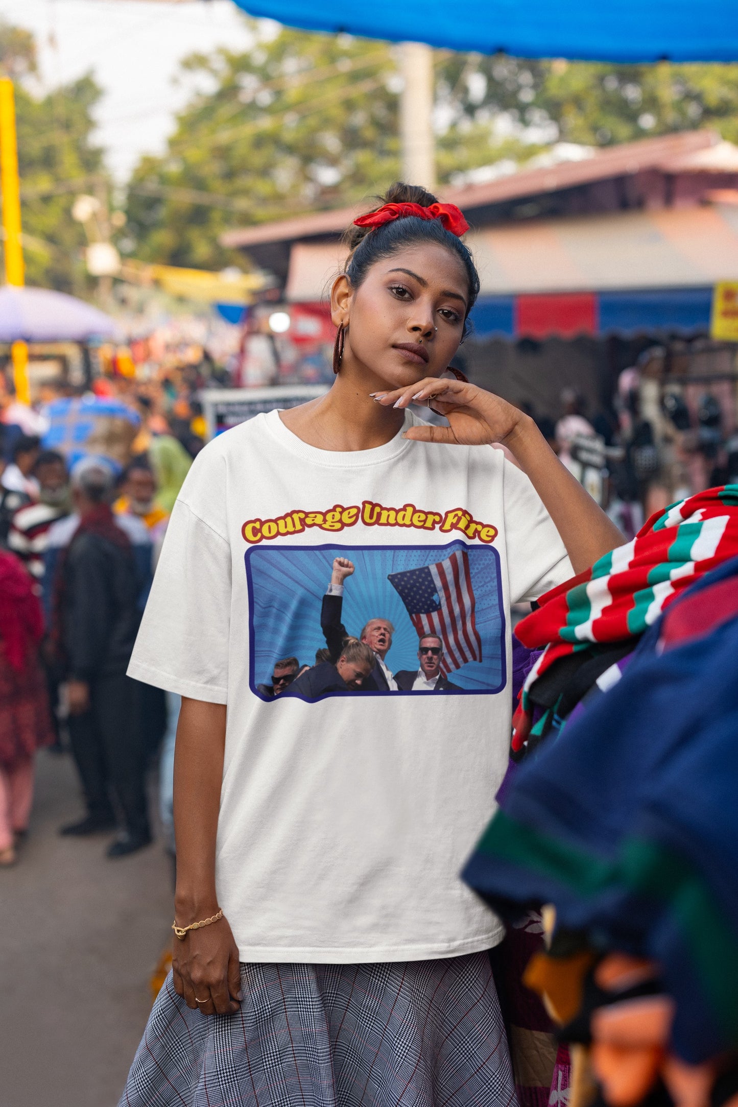 . COURAGE UNDER FIRE Trump Assassination Plus Size Heavy Weight Patriotic T-Shirt (S-5XL): Women's Hanes Beefy-T® - FREE SHIPPING