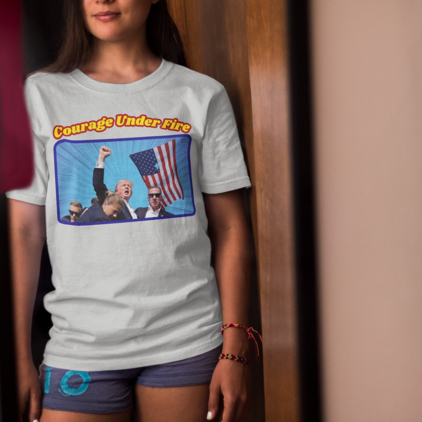 COURAGE UNDER FIRE Trump Assassination Classic Patriotic T-Shirt (S-5XL): Women's Medium Weight Gildan 5000 - FREE SHIPPING