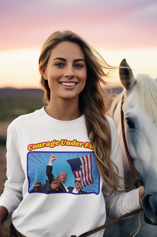 COURAGE UNDER FIRE Trump Assassination Heavy Weight Patriotic Long Sleeve T-Shirt (S-2XL): Women's Gildan 2400 - FREE SHIPPING