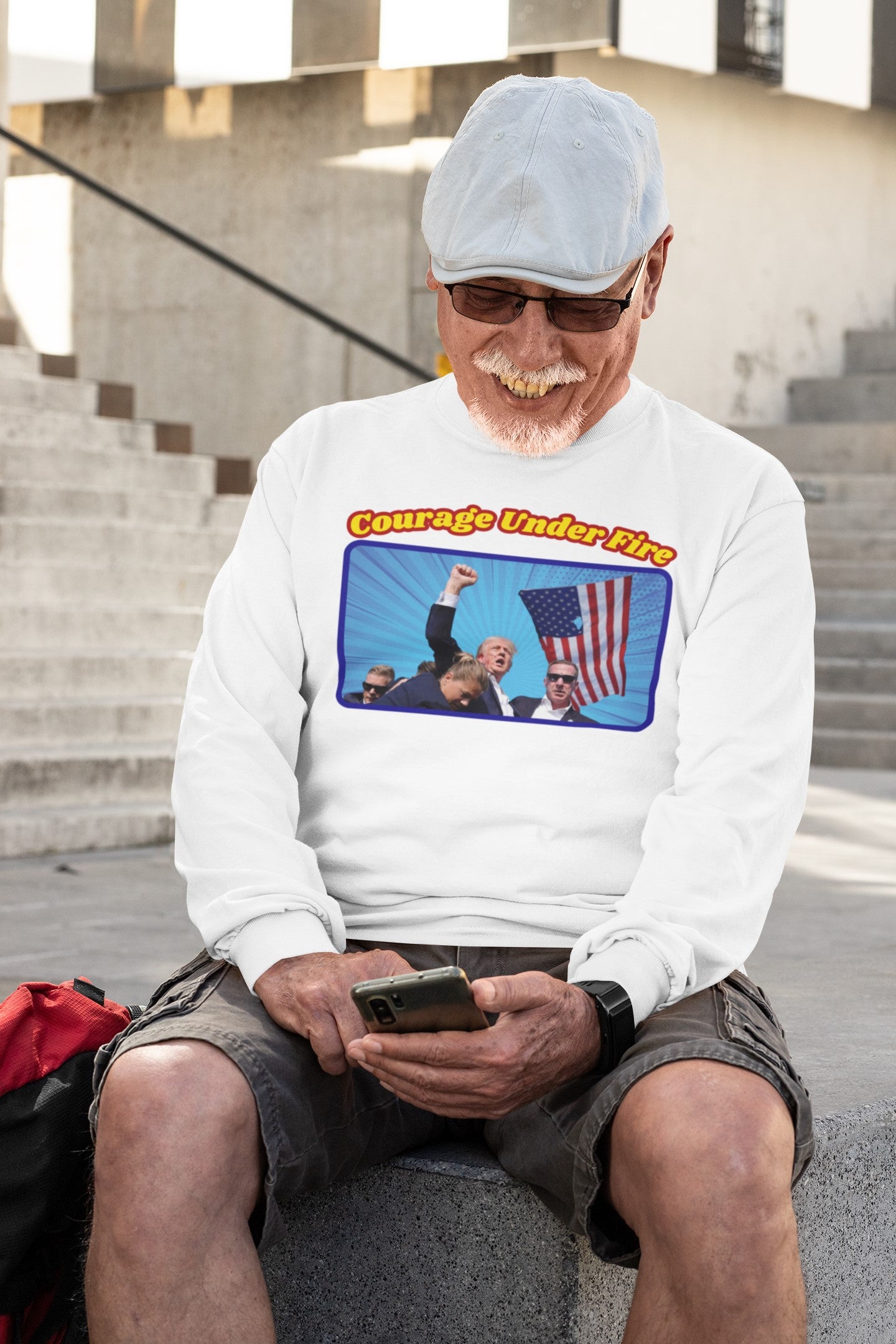. COURAGE UNDER FIRE Trump Assassination Attempt Heavy Weight Patriotic Long Sleeve T-Shirt (S-2XL): Men's Gildan 2400 - FREE SHIPPING