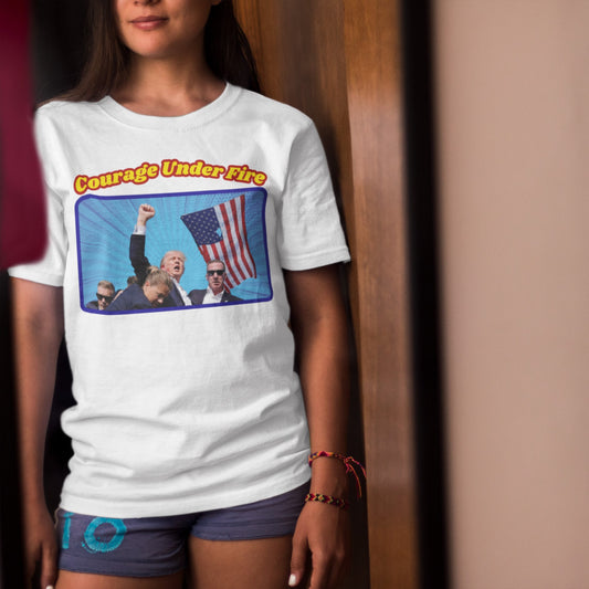 COURAGE UNDER FIRE Trump Assassination Classic Patriotic T-Shirt (S-5XL): Women's Medium Weight Gildan 5000 - FREE SHIPPING