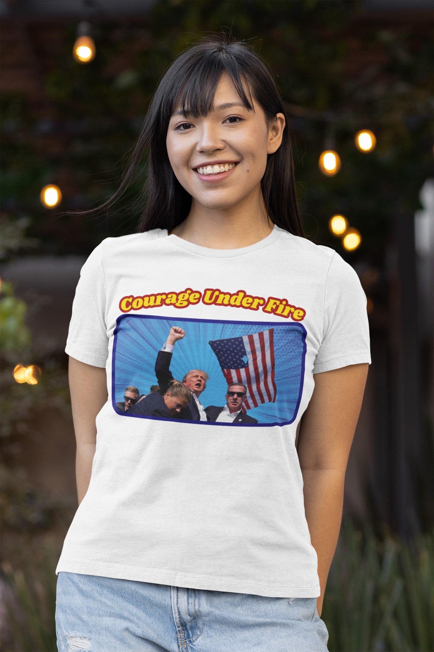 COURAGE UNDER FIRE Trump Assassination Fitted Patriotic T-Shirt (S-2XL): Women's Bella+Canvas 6004 - FREE SHIPPING