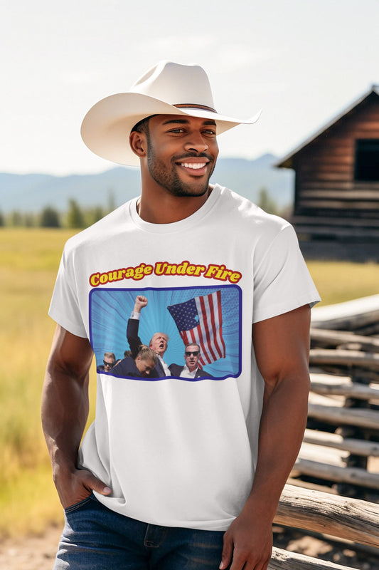 COURAGE UNDER FIRE Trump Assassination Patriotic T-Shirt (S-5XL): Men's Medium Weight Gildan 5000 - FREE SHIPPING