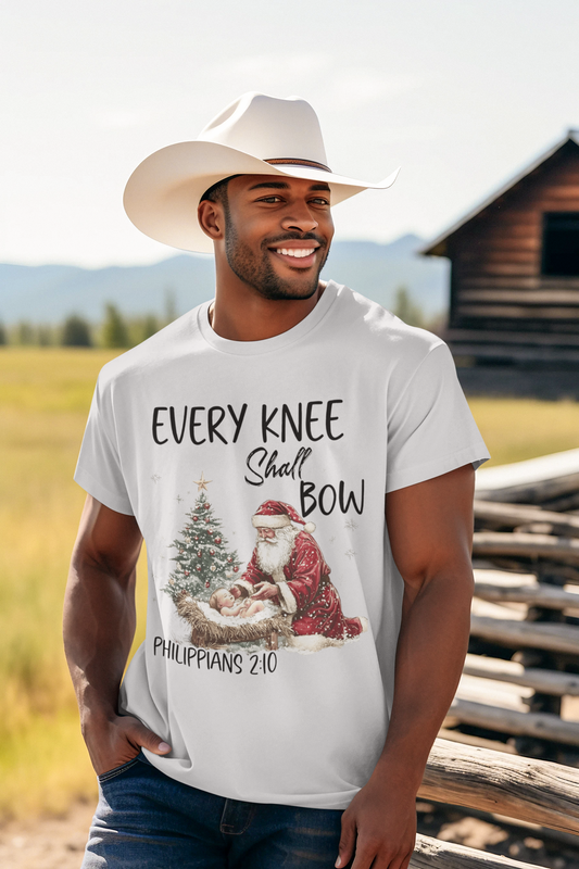 EVERY KNEE SHALL BOW Christmas T-Shirt (S-5XL): Men's Medium Weight Gildan 5000 - FREE SHIPPING
