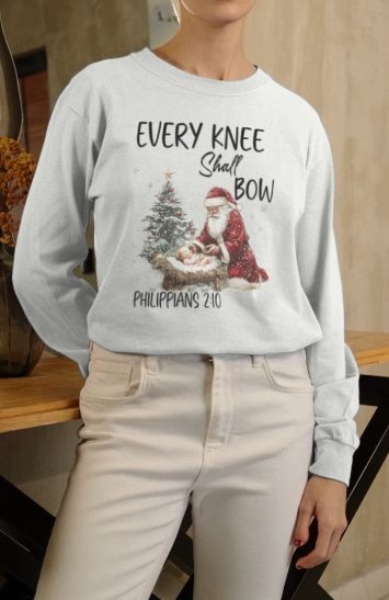 EVERY KNEE SHALL BOW Heavy Weight Christmas Long Sleeve T-Shirt (S-2XL): Women's Gildan 2400 - FREE SHIPPING