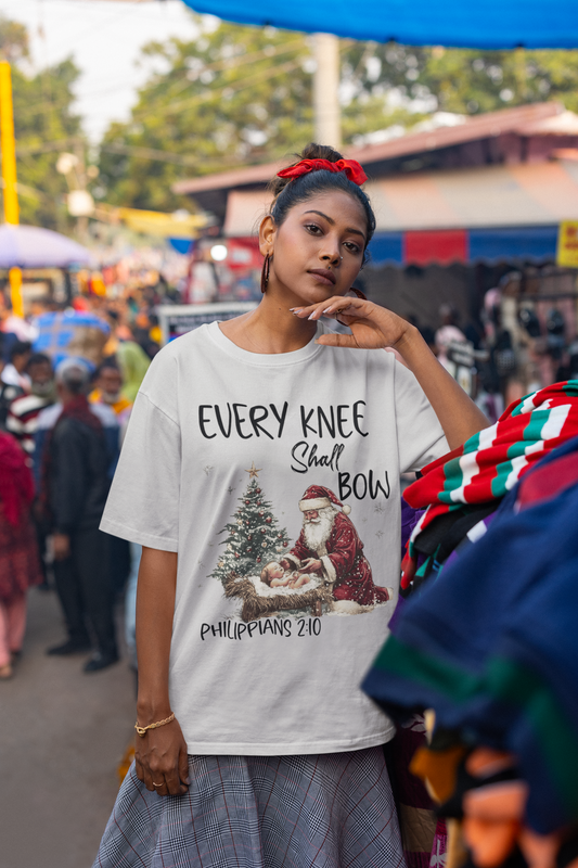 EVERY KNEE SHALL BOW Plus Size Heavy Weight Christmas T-Shirt (S-5XL): Women's Hanes Beefy-T® - FREE SHIPPING