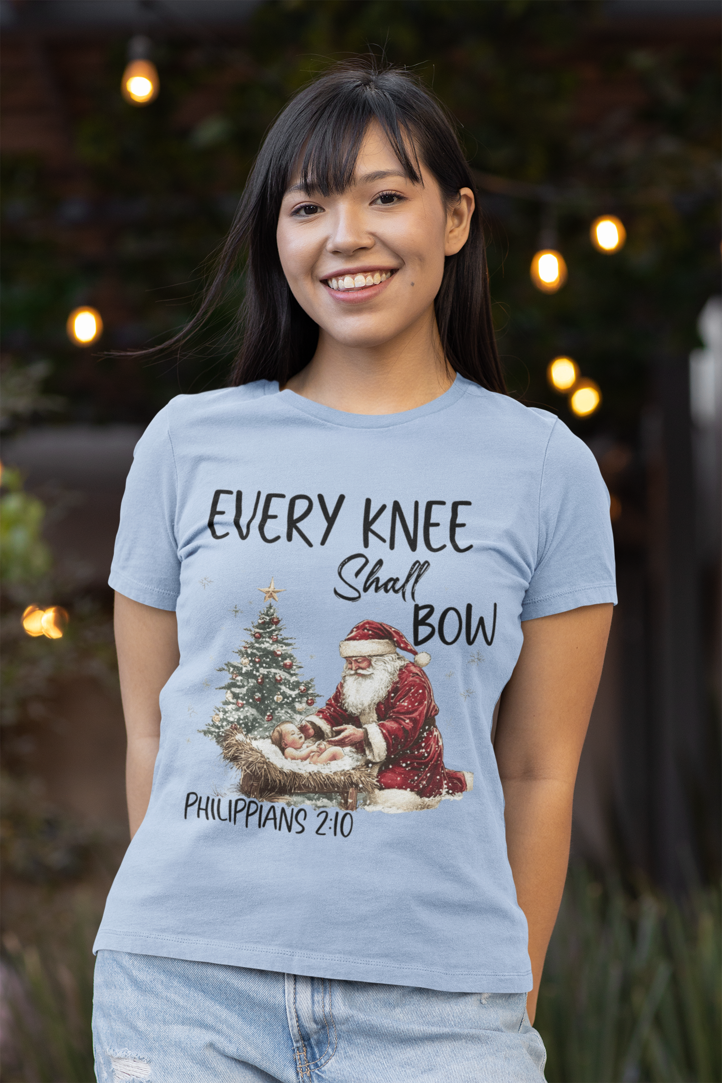 EVERY KNEE SHALL BOW Fitted Christmas T-Shirt (S-2XL): Women's Bella+Canvas 6004 - FREE SHIPPING