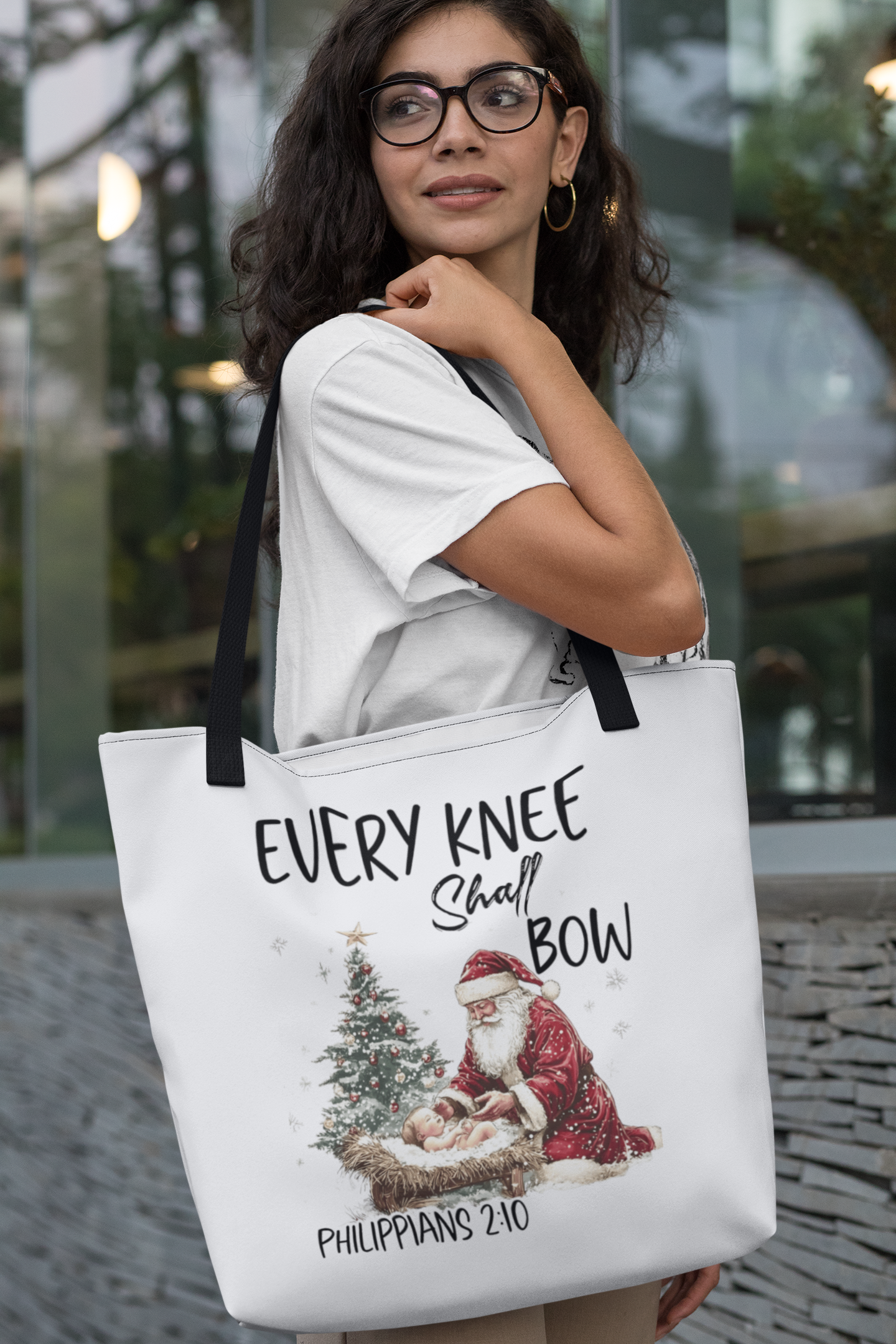 EVERY KNEE SHALL BOW 100% Polyester Christmas Tote Bag (3 sizes) - FREE SHIPPING