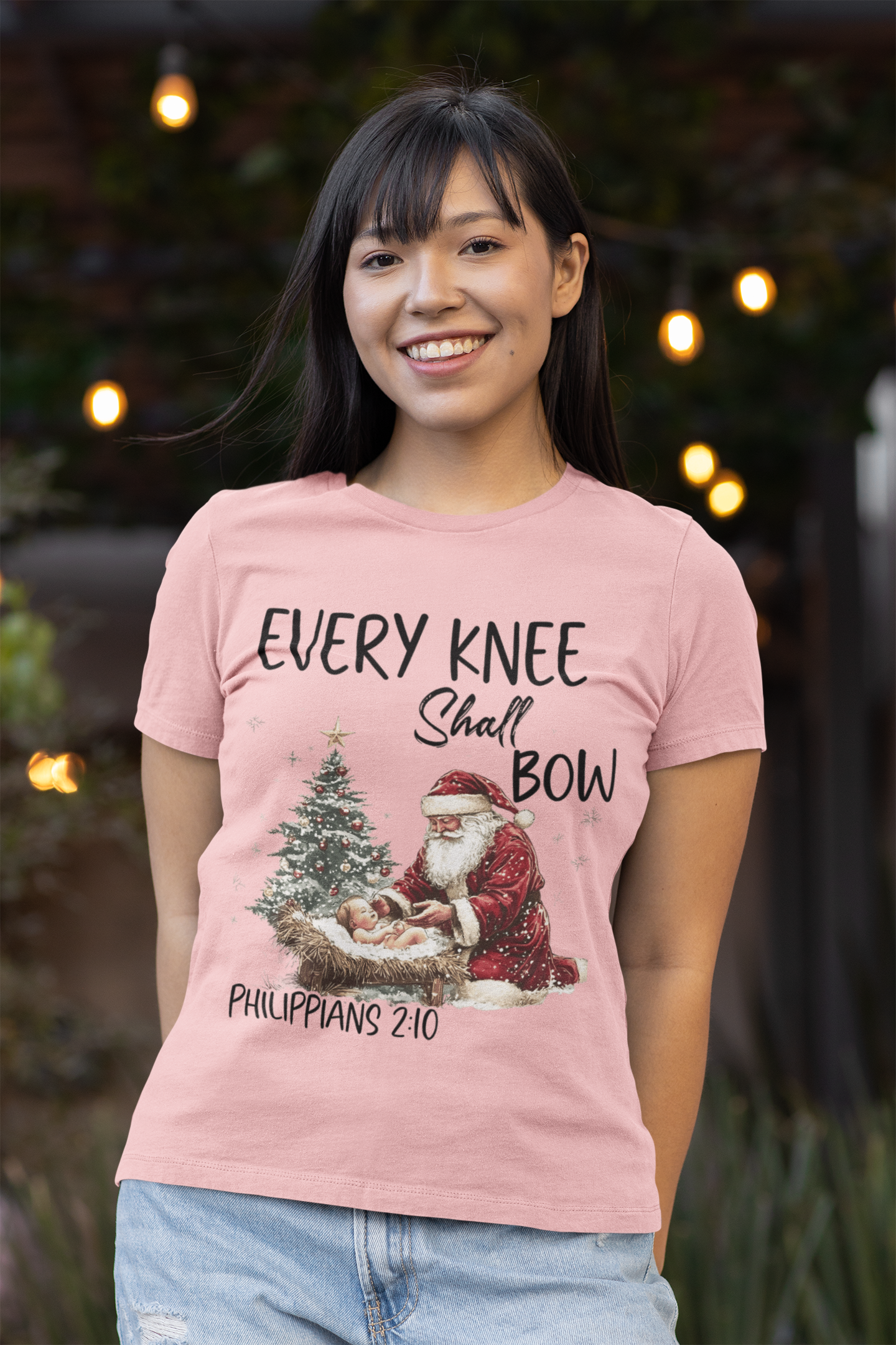 EVERY KNEE SHALL BOW Fitted Christmas T-Shirt (S-2XL): Women's Bella+Canvas 6004 - FREE SHIPPING