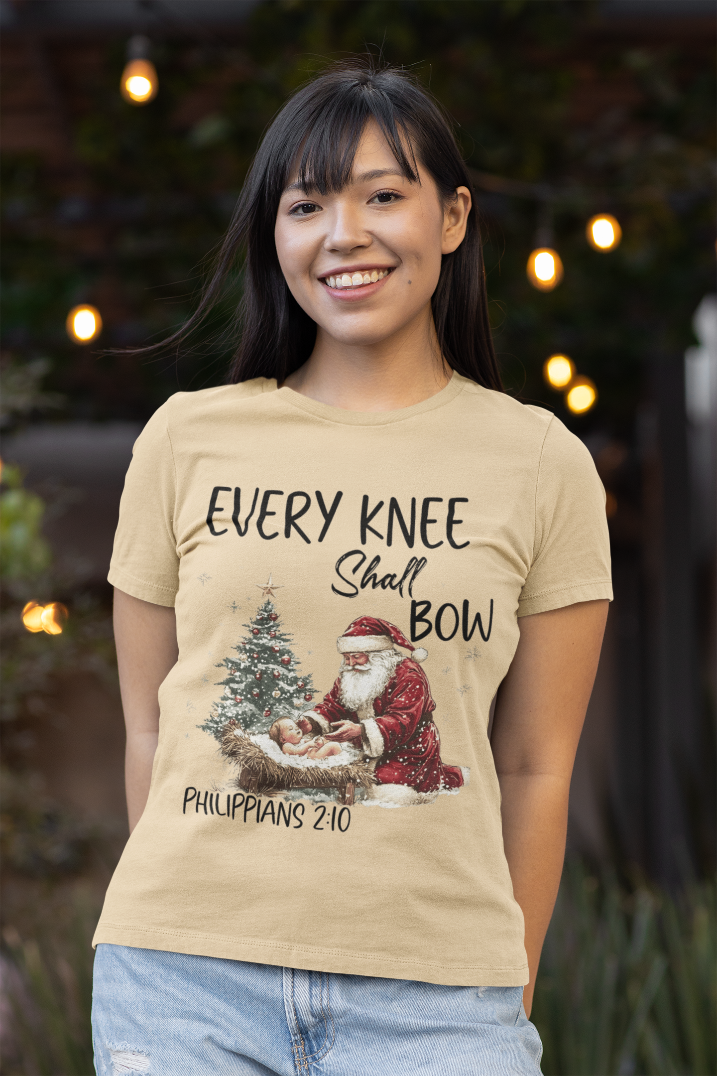 EVERY KNEE SHALL BOW Fitted Christmas T-Shirt (S-2XL): Women's Bella+Canvas 6004 - FREE SHIPPING