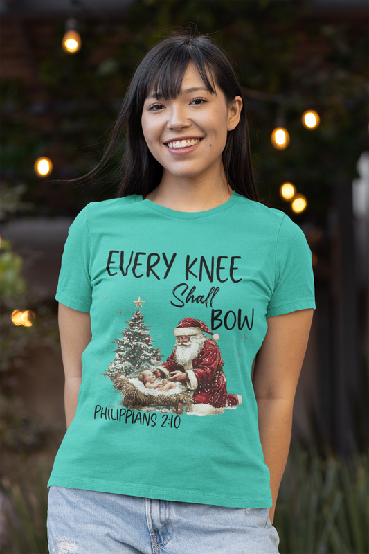 EVERY KNEE SHALL BOW Fitted Christmas T-Shirt (S-2XL): Women's Bella+Canvas 6004 - FREE SHIPPING