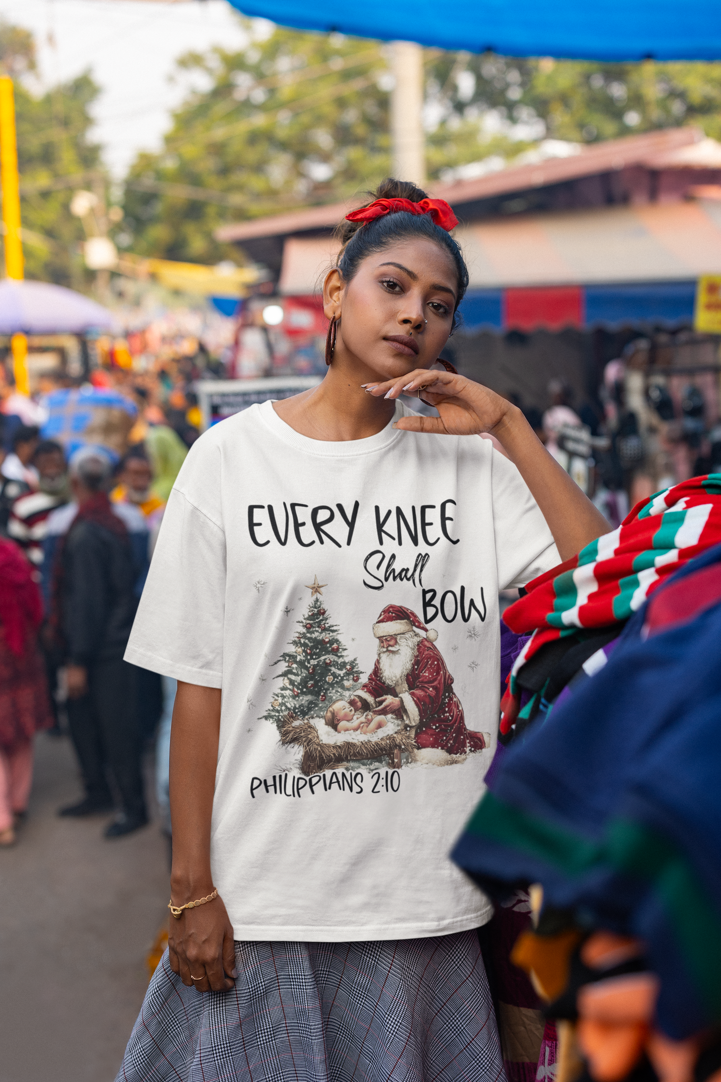 EVERY KNEE SHALL BOW Plus Size Heavy Weight Christmas T-Shirt (S-5XL): Women's Hanes Beefy-T® - FREE SHIPPING