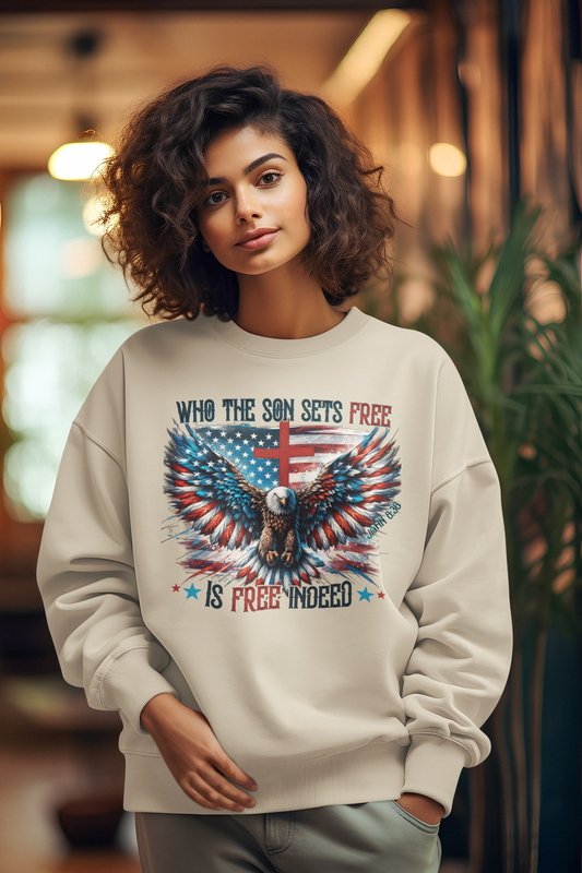 FREE INDEED Heavy Weight Patriotic Christian Sweatshirt (S-5XL): Women's Gildan 18000 - FREE SHIPPING