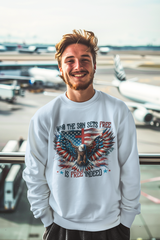 FREE INDEED Heavy Weight Patriotic Christian Sweatshirt (S-5XL): Men's Gildan 18000 - FREE SHIPPING
