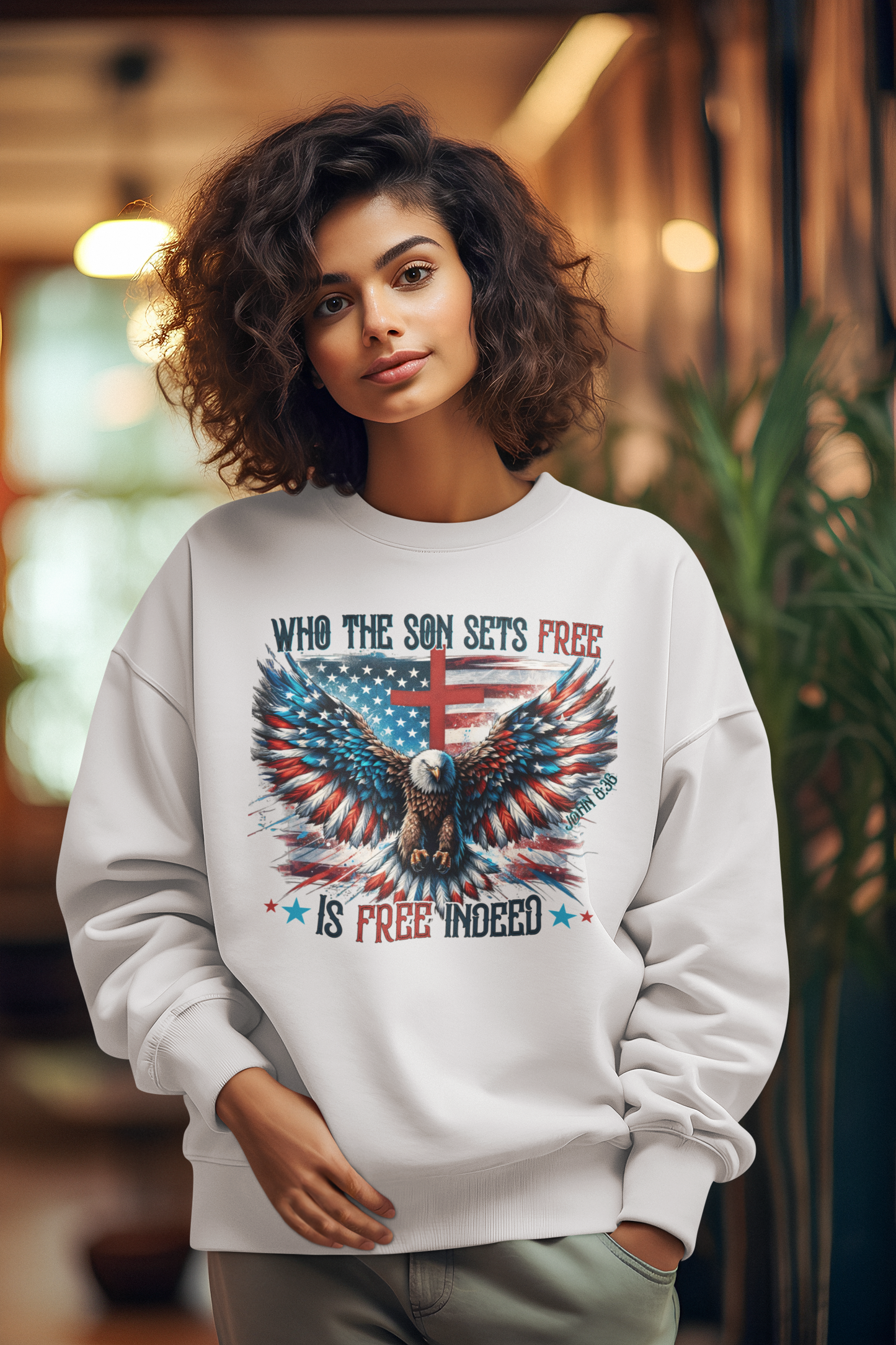FREE INDEED Heavy Weight Patriotic Christian Sweatshirt (S-5XL): Women's Gildan 18000 - FREE SHIPPING