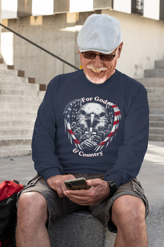 . FOR GOD & COUNTRY Heavy Weight Patriotic Christian Long Sleeve T-Shirt (S-2XL): Men's Gildan 2400 - FREE SHIPPING