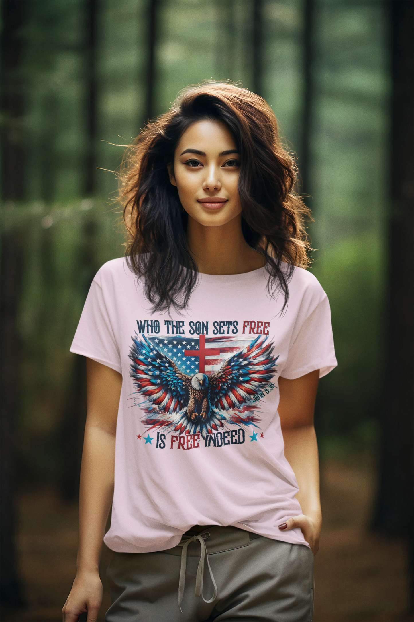 FREE INDEED Semi-Fitted Patriotic Christian T-Shirt (S-3XL): Women's Gildan 5000L - FREE SHIPPING