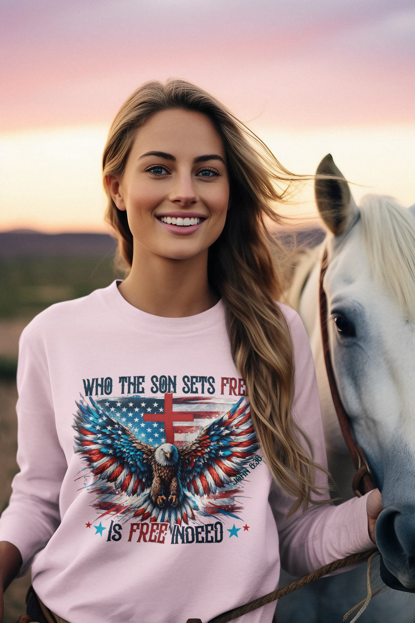 FREE INDEED Heavy Weight Patriotic Christian Long Sleeve T-Shirt (S-2XL): Women's Gildan 2400 - FREE SHIPPING