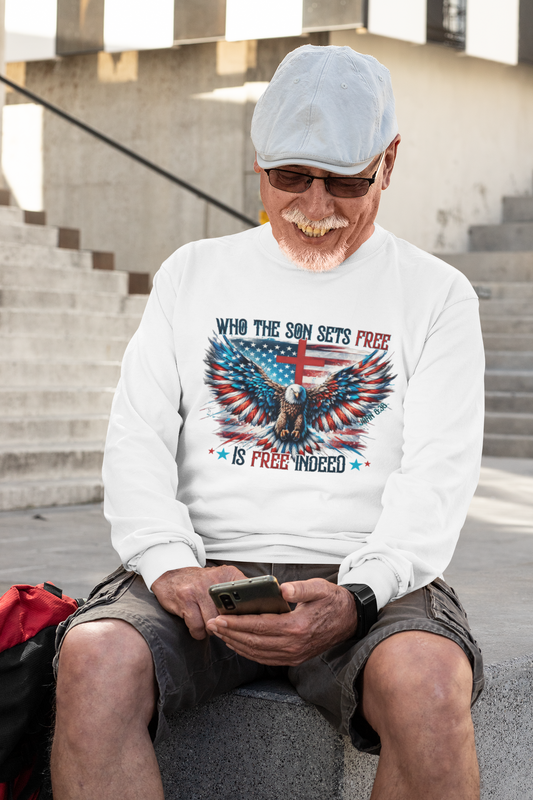 . FREE INDEED Heavy Weight Patriotic Christian Long Sleeve T-Shirt (S-2XL): Men's Gildan 2400 - FREE SHIPPING