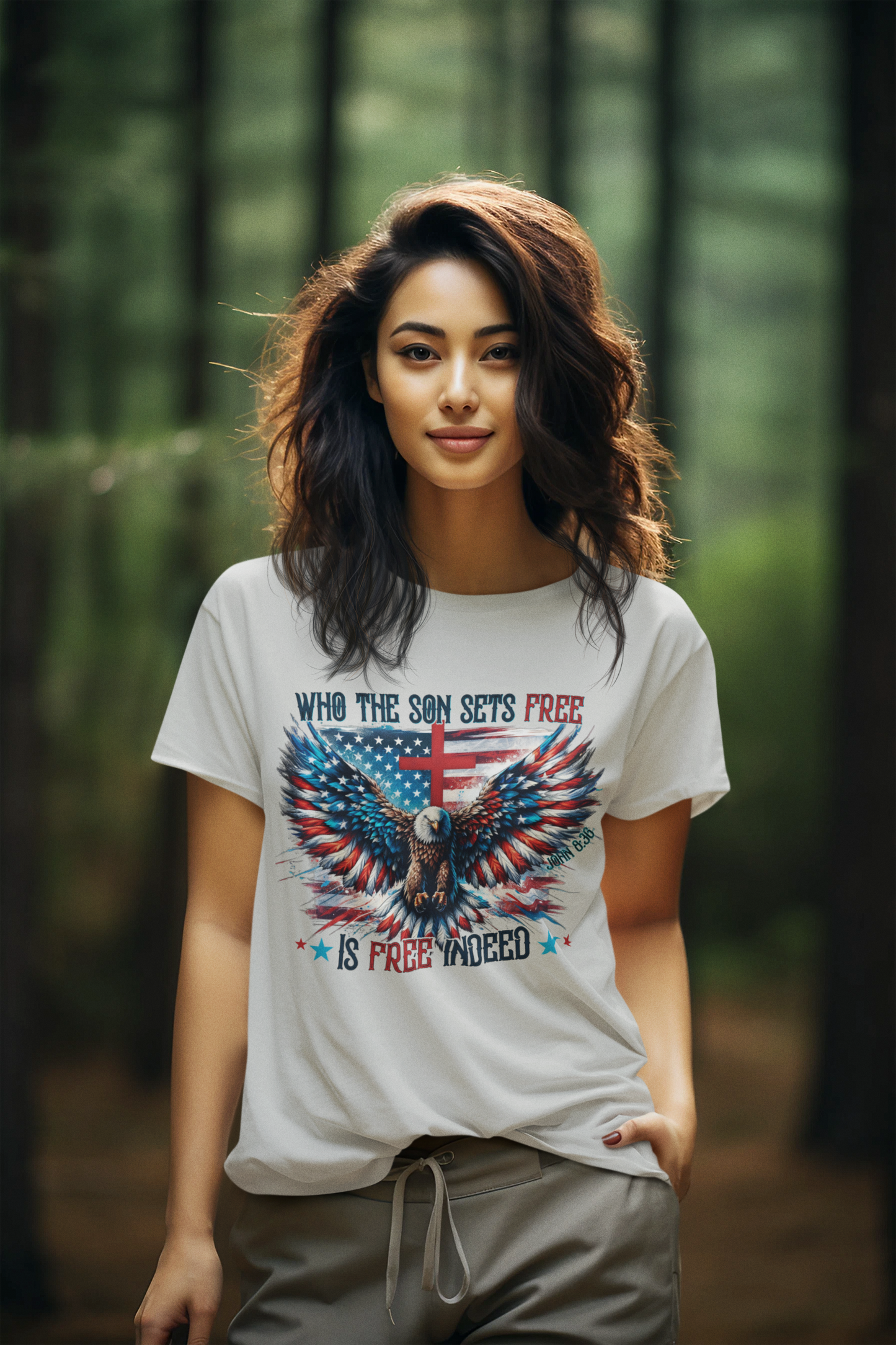 FREE INDEED Semi-Fitted Patriotic Christian T-Shirt (S-3XL): Women's Gildan 5000L - FREE SHIPPING