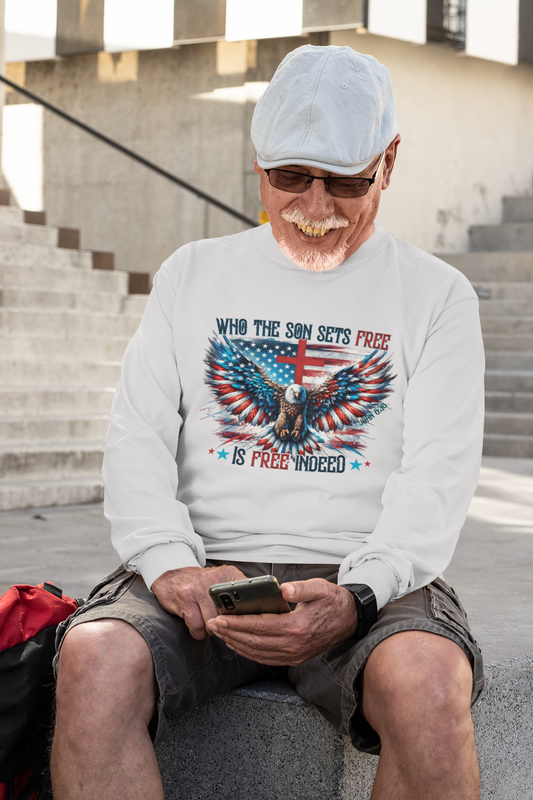 . FREE INDEED Heavy Weight Patriotic Christian Long Sleeve T-Shirt (S-2XL): Men's Gildan 2400 - FREE SHIPPING