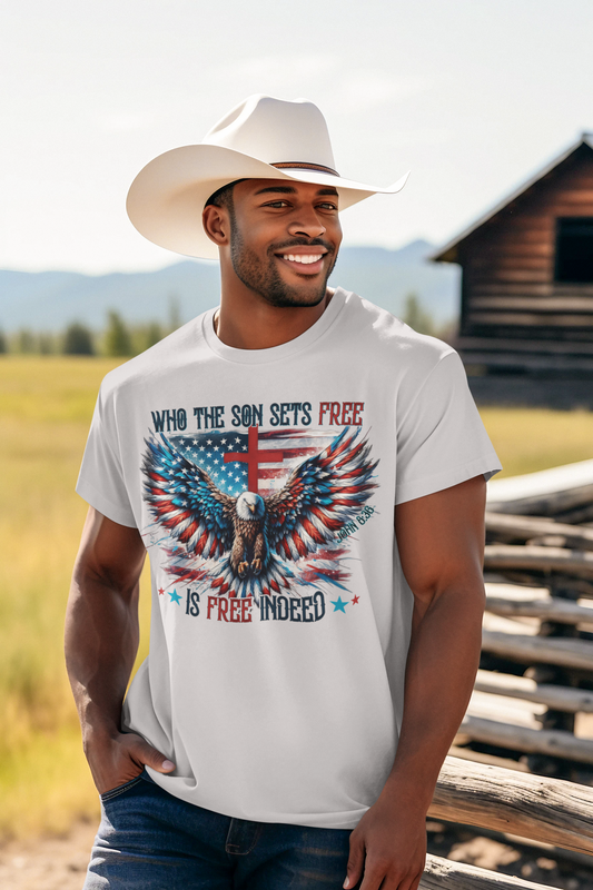 FREE INDEED Patriotic Christian T-Shirt (S-5XL): Men's Medium Weight Gildan 5000 - FREE SHIPPING