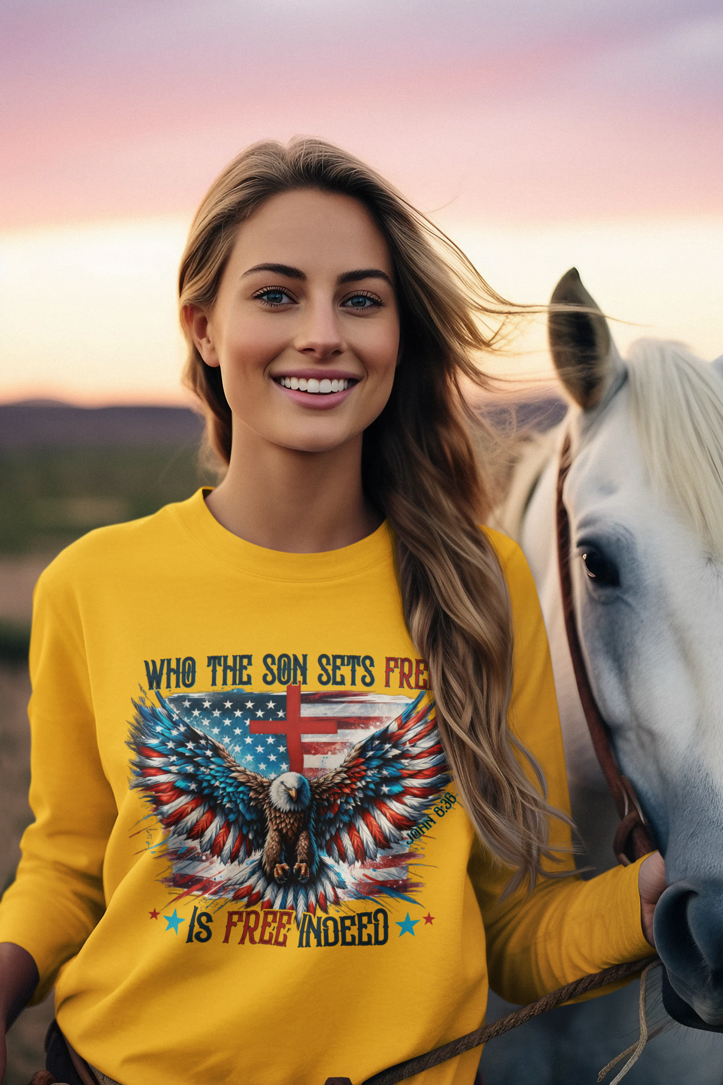 FREE INDEED Heavy Weight Patriotic Christian Long Sleeve T-Shirt (S-2XL): Women's Gildan 2400 - FREE SHIPPING