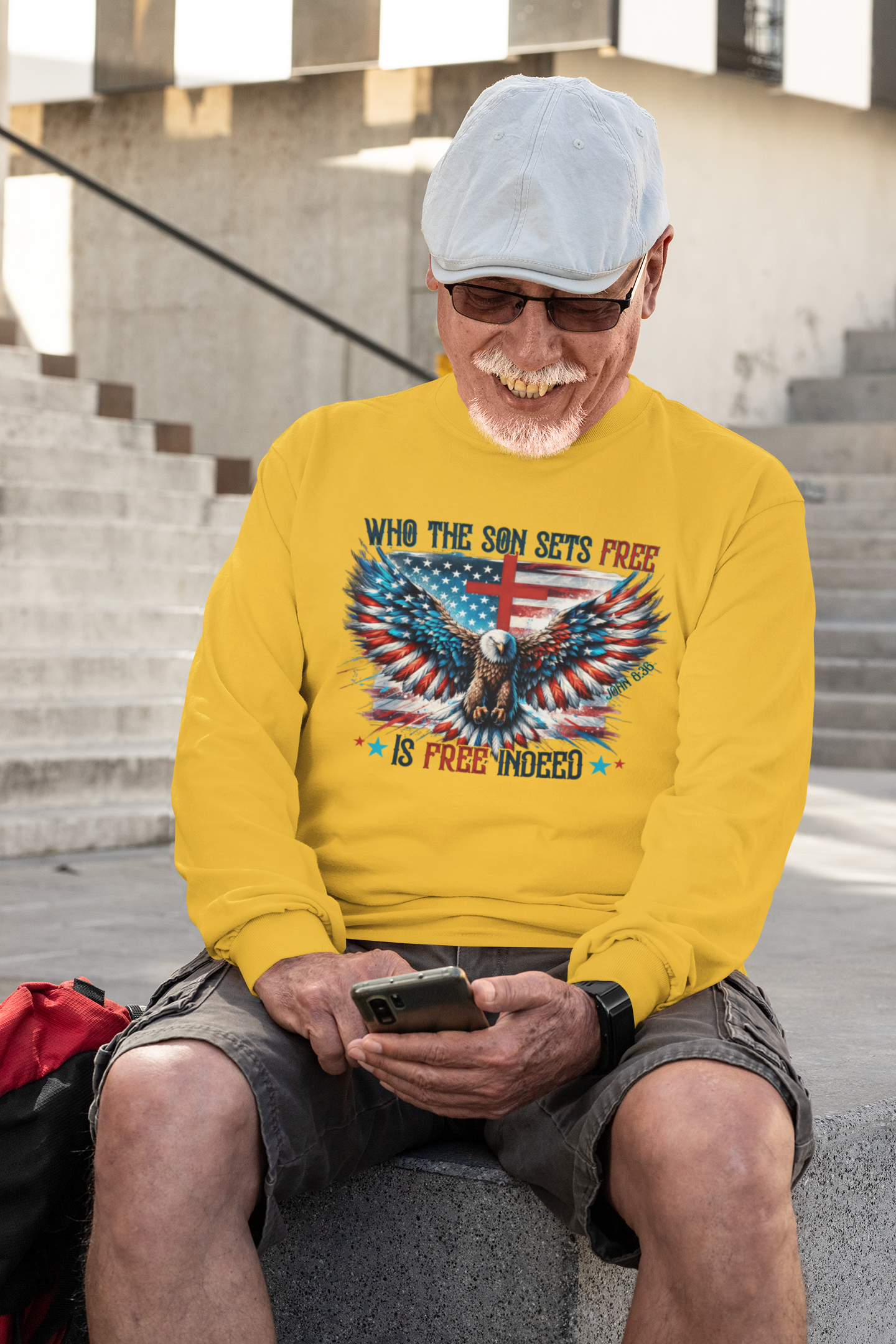 . FREE INDEED Heavy Weight Patriotic Christian Long Sleeve T-Shirt (S-2XL): Men's Gildan 2400 - FREE SHIPPING