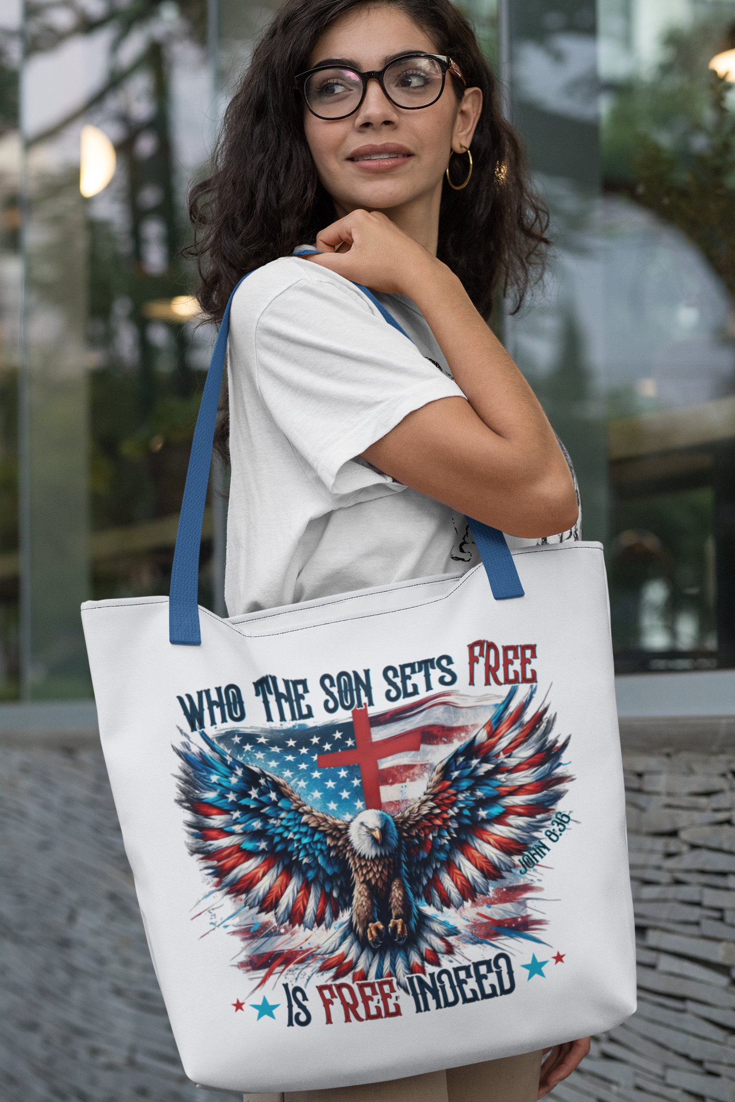 FREE INDEED Patriotic Christian 100% Polyester Tote Bag (3 sizes) - FREE SHIPPING