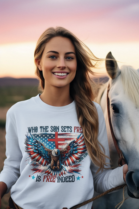 FREE INDEED Heavy Weight Patriotic Christian Long Sleeve T-Shirt (S-2XL): Women's Gildan 2400 - FREE SHIPPING
