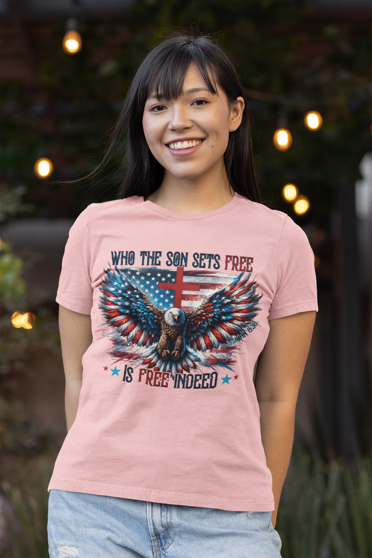 FREE INDEED Fitted Patriotic Christian T-Shirt (S-2XL): Women's Bella+Canvas 6004 - FREE SHIPPING