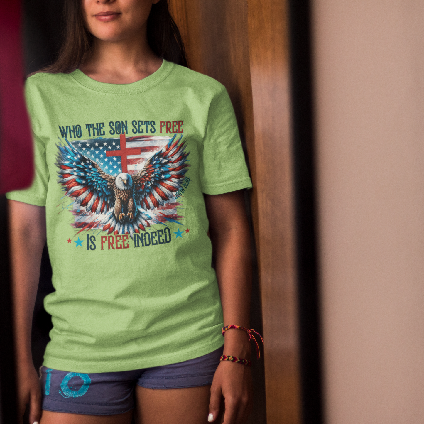 FREE INDEED Classic Patriotic Christian T-Shirt (S-5XL): Women's Medium Weight Gildan 5000 - FREE SHIPPING