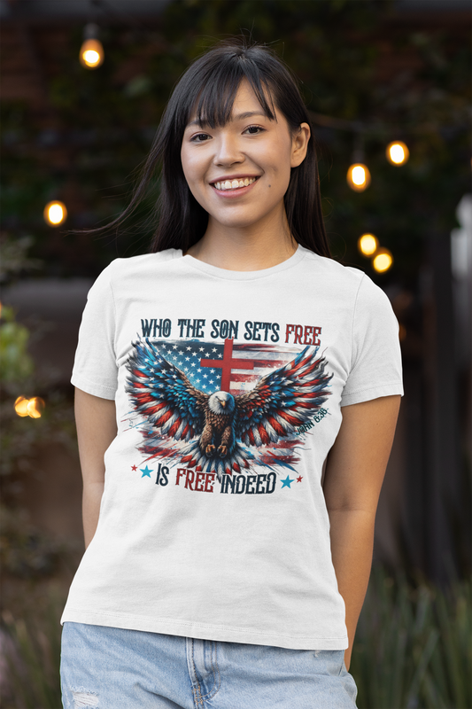 FREE INDEED Fitted Patriotic Christian T-Shirt (S-2XL): Women's Bella+Canvas 6004 - FREE SHIPPING