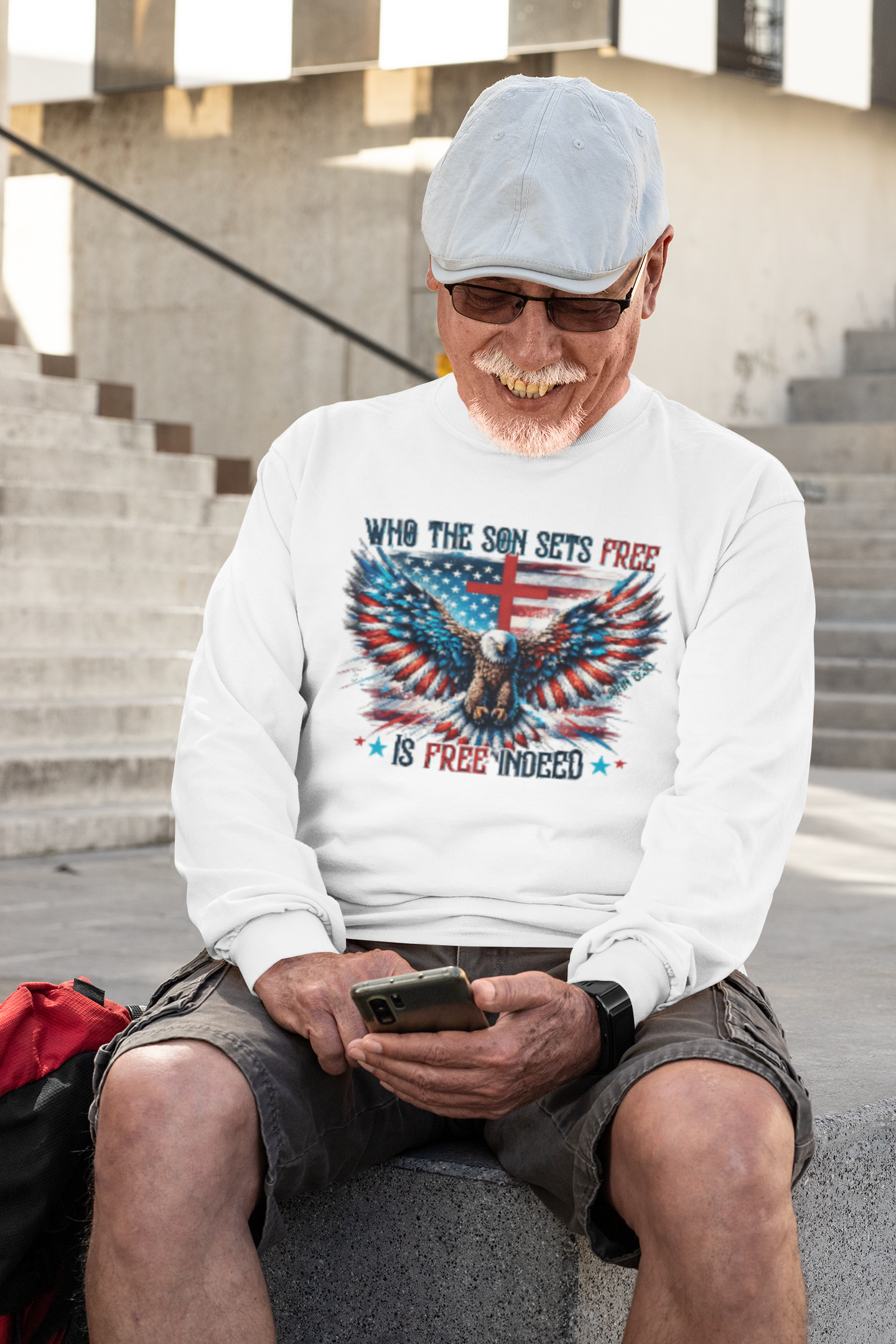 . FREE INDEED Heavy Weight Patriotic Christian Long Sleeve T-Shirt (S-2XL): Men's Gildan 2400 - FREE SHIPPING