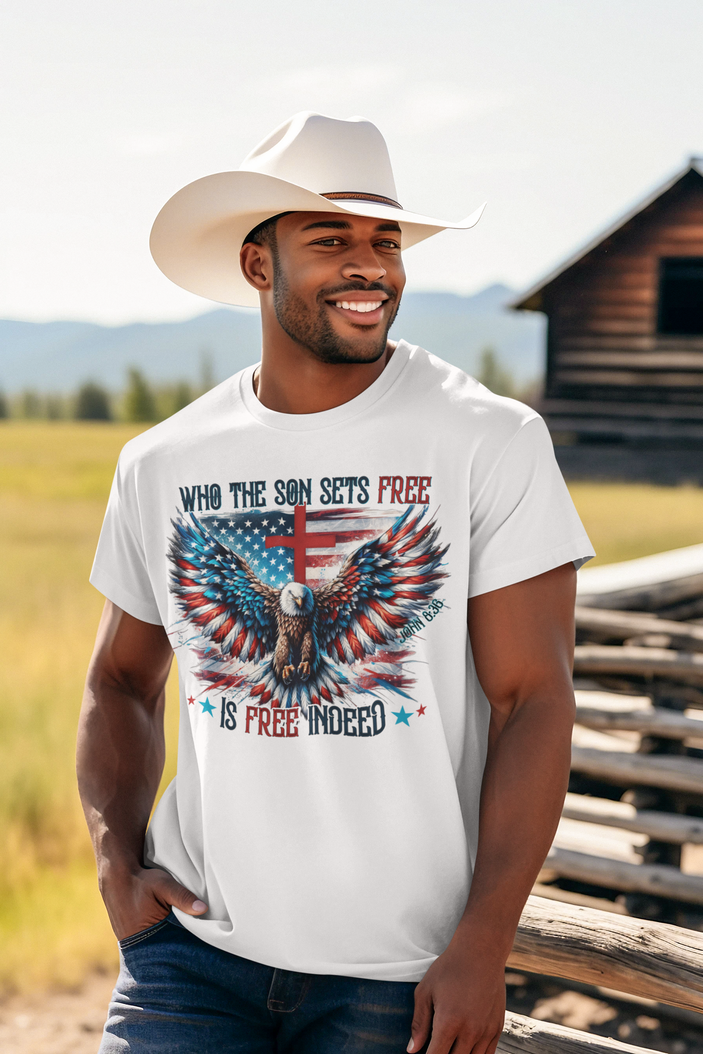 FREE INDEED Patriotic Christian T-Shirt (S-5XL): Men's Medium Weight Gildan 5000 - FREE SHIPPING