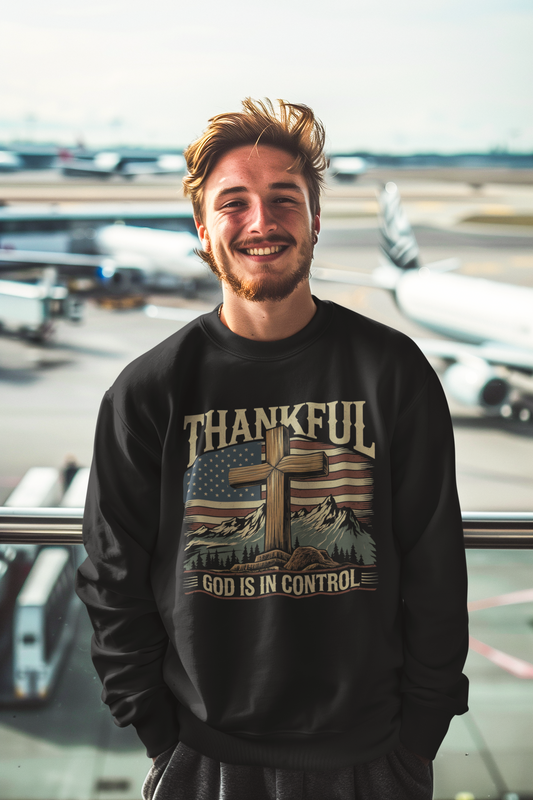 GOD IS IN CONTROL Heavy Weight Patriotic Christian Sweatshirt (S-5XL): Men's Gildan 18000 - FREE SHIPPING