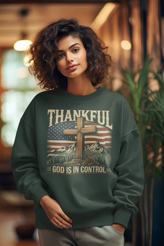 GOD IS IN CONTROL Heavy Weight Patriotic Christian Sweatshirt (S-5XL): Women's Gildan 18000 - FREE SHIPPING