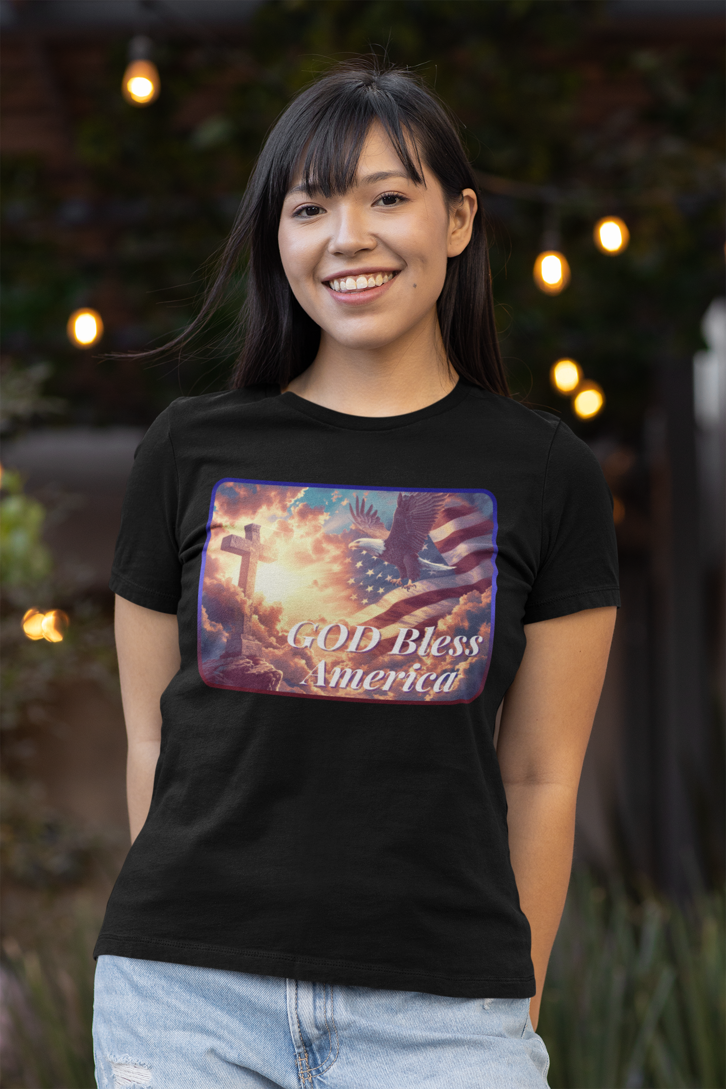 GOD BLESS AMERICA Fitted Patriotic Christian T-Shirt (S-2XL): Women's Bella+Canvas 6004 - FREE SHIPPING