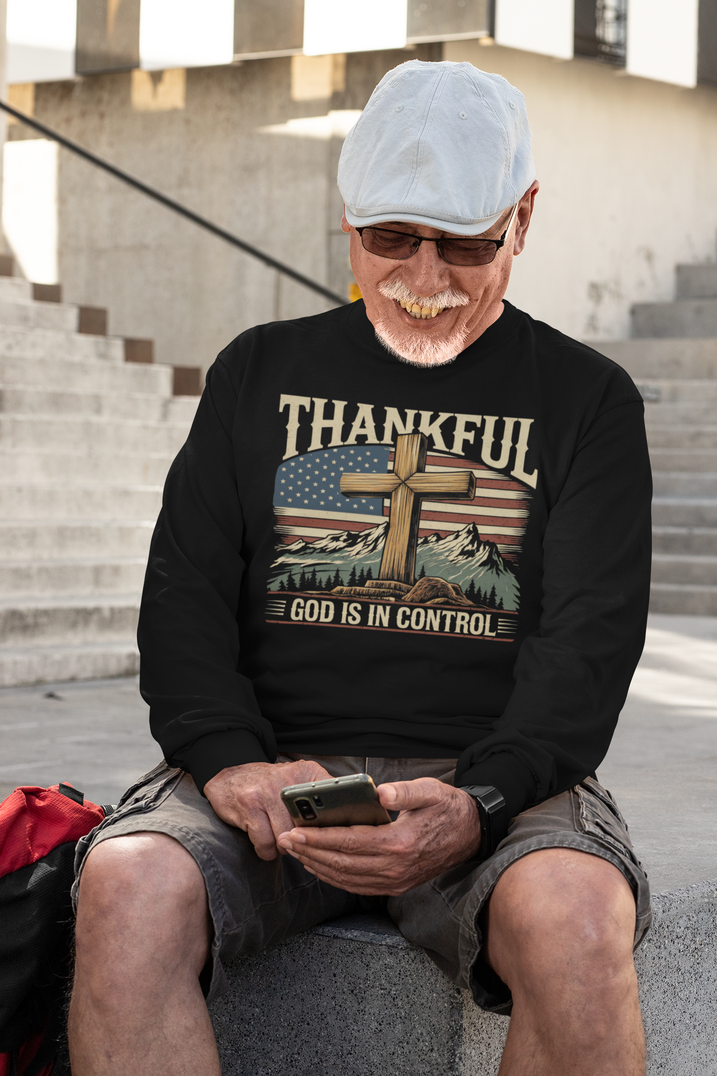 . GOD IS IN CONTROL Heavy Weight Patriotic Christian Long Sleeve T-Shirt (S-2XL): Men's Gildan 2400 - FREE SHIPPING