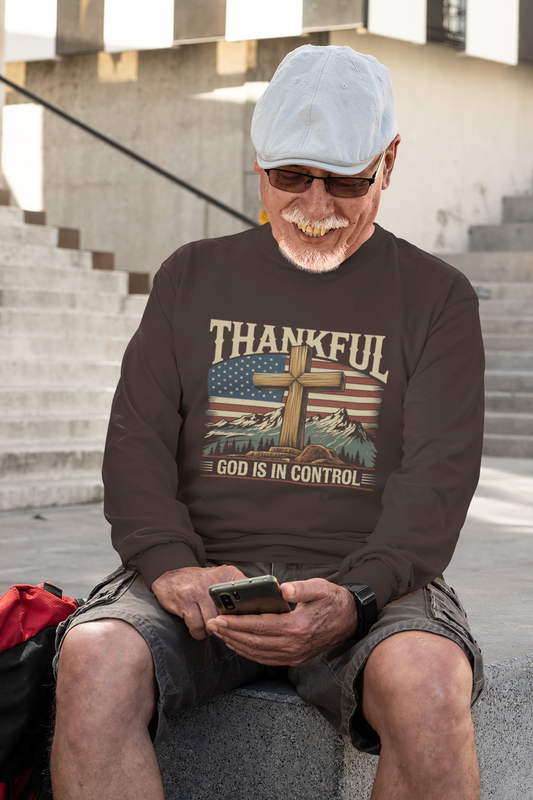 . GOD IS IN CONTROL Heavy Weight Patriotic Christian Long Sleeve T-Shirt (S-2XL): Men's Gildan 2400 - FREE SHIPPING