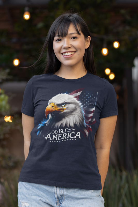 GOD BLESS AMERICA Fitted Patriotic Christian T-Shirt (S-2XL): Women's Bella+Canvas 6004 - FREE SHIPPING