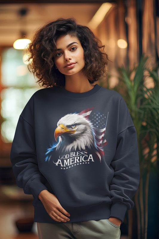 GOD BLESS AMERICA Heavy Weight Patriotic Christian Sweatshirt (S-5XL): Women's Gildan 18000 - FREE SHIPPING