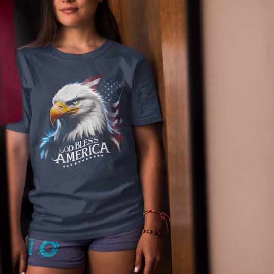 GOD BLESS AMERICA Classic Patriotic Military T-Shirt (S-5XL): Women's Medium Weight Gildan 5000 - FREE SHIPPING