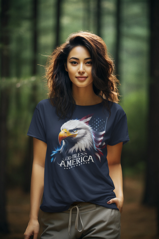 GOD BLESS AMERICA Semi-Fitted Patriotic Christian T-Shirt (S-3XL): Women's Gildan 5000L - FREE SHIPPING