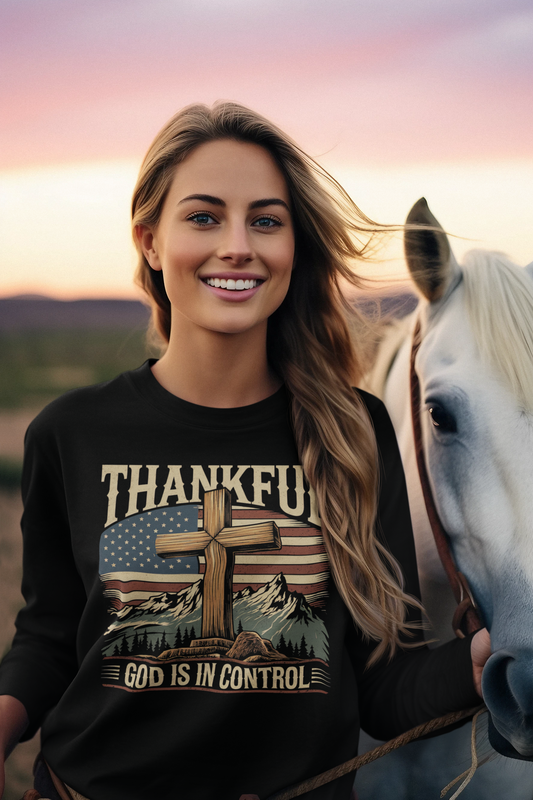 GOD IS IN CONTROL Heavy Weight Patriotic Christian Long Sleeve T-Shirt (S-2XL): Women's Gildan 2400 - FREE SHIPPING