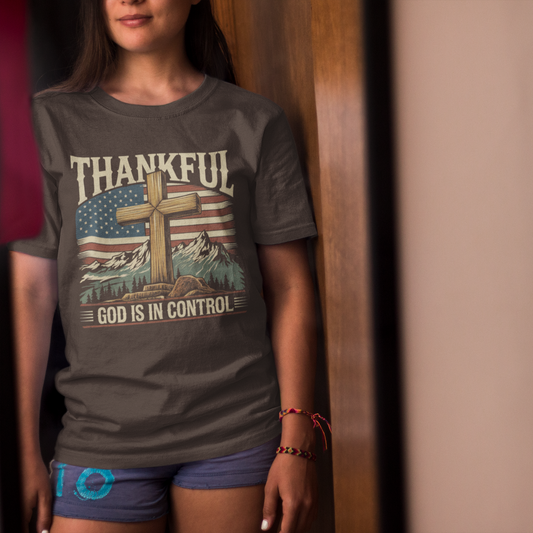 GOD IS IN CONTROL Classic Patriotic Christian T-Shirt (S-5XL): Women's Medium Weight Gildan 5000 - FREE SHIPPING