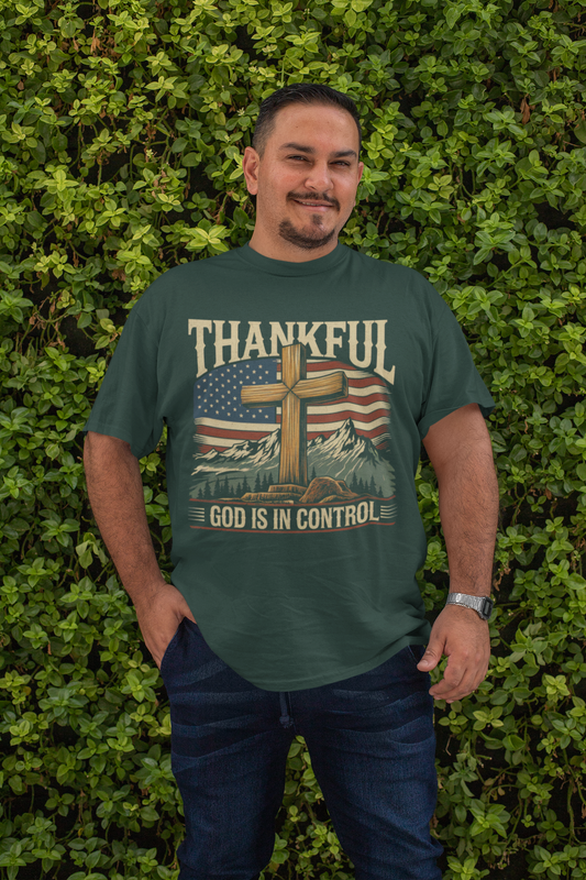 . GOD IS IN CONTROL Plus Size Heavy Weight Patriotic Christian T-Shirt (S-5XL): Men's Hanes Beefy-T® - FREE SHIPPING
