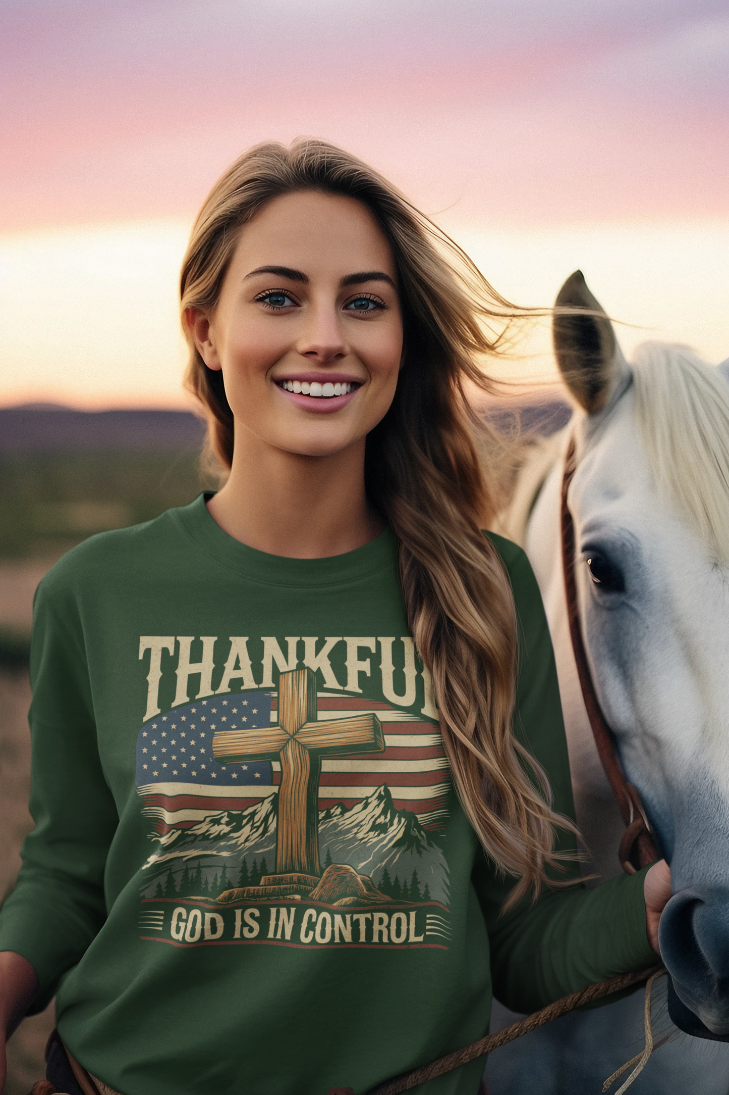 GOD IS IN CONTROL Heavy Weight Patriotic Christian Long Sleeve T-Shirt (S-2XL): Women's Gildan 2400 - FREE SHIPPING